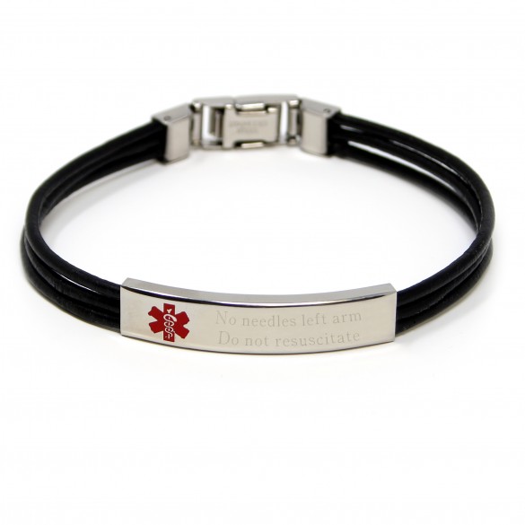 Engravable Black Leather Triple Cord Medical ID Bracelet