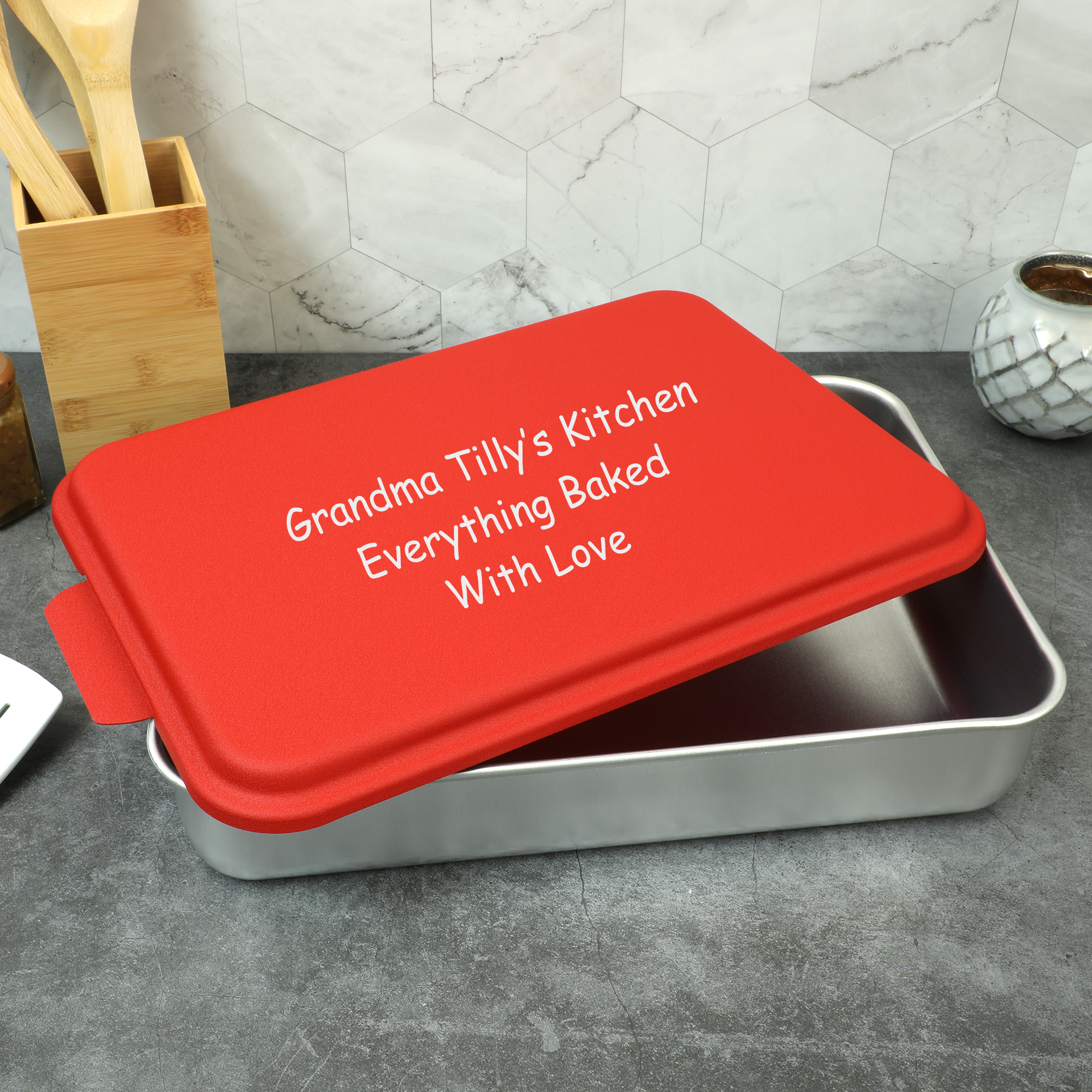 Cake Pan with Engraved Design on Red Colored Lid - Aluminum 9” x