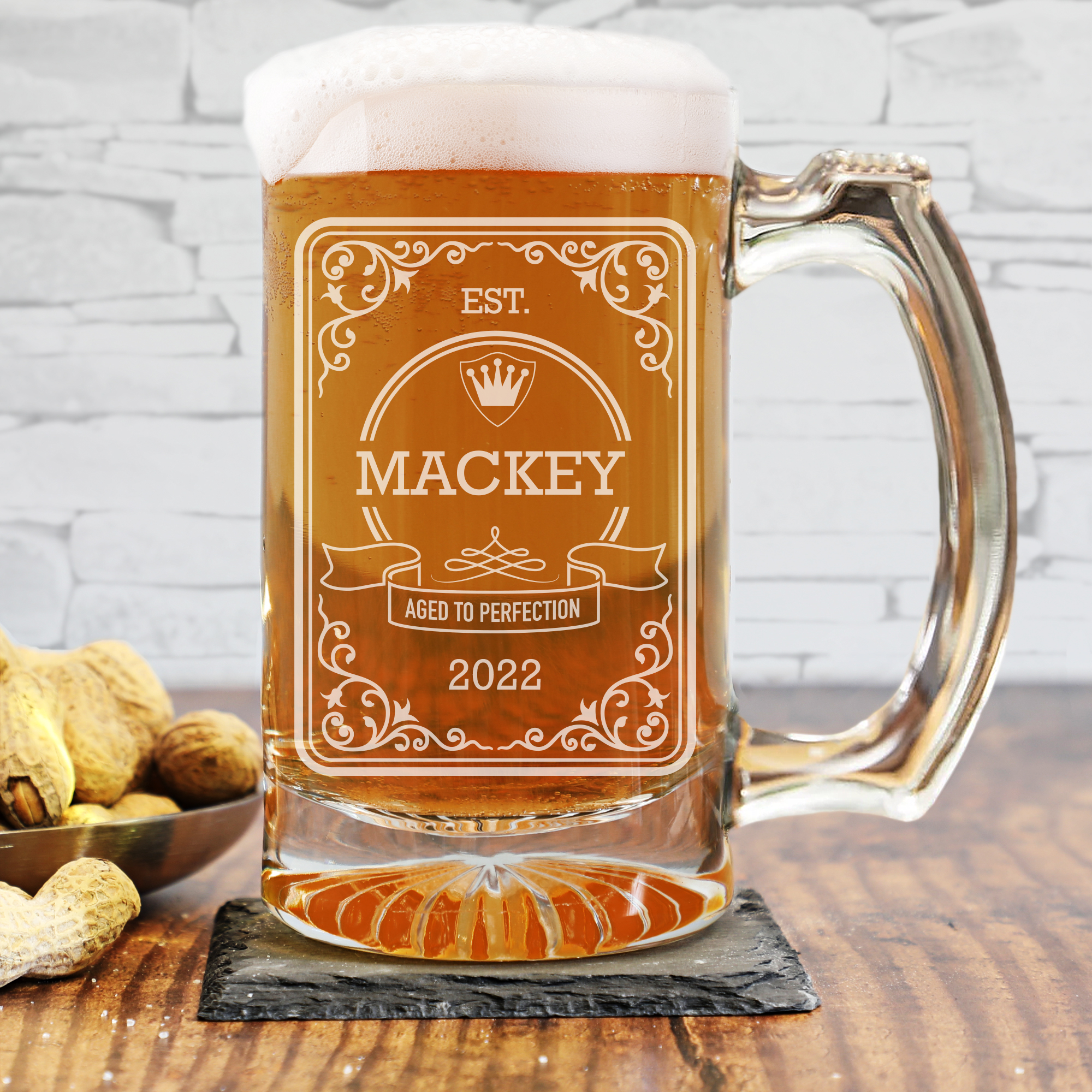 Kings Crown Etched Glass Beer Mug