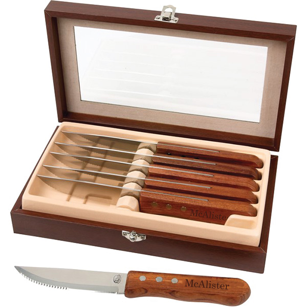 Engraved Steak Knife Set, Maple Wood Handles, Set of 6