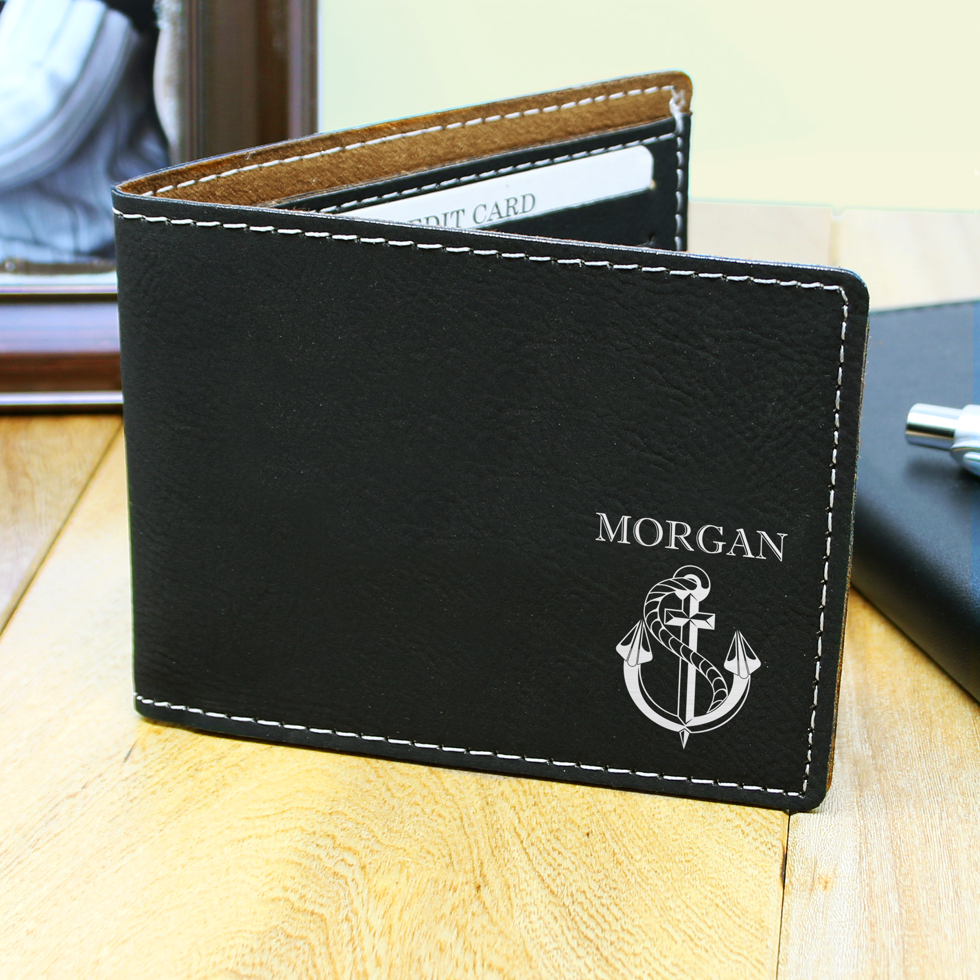 Black Leather Wallet- Anchor Metal Plate Design